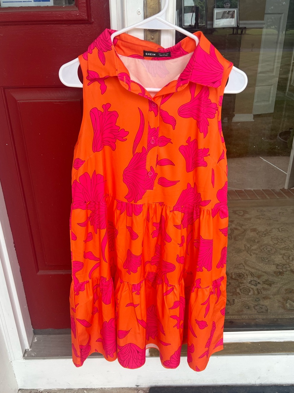 SHEIN Orange & Pink Floral Tiered Sleeveless Collared Mini Dress